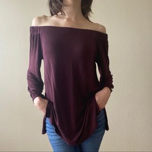 LOFT Burgandy Off Shoulder Long Sleeve Tee